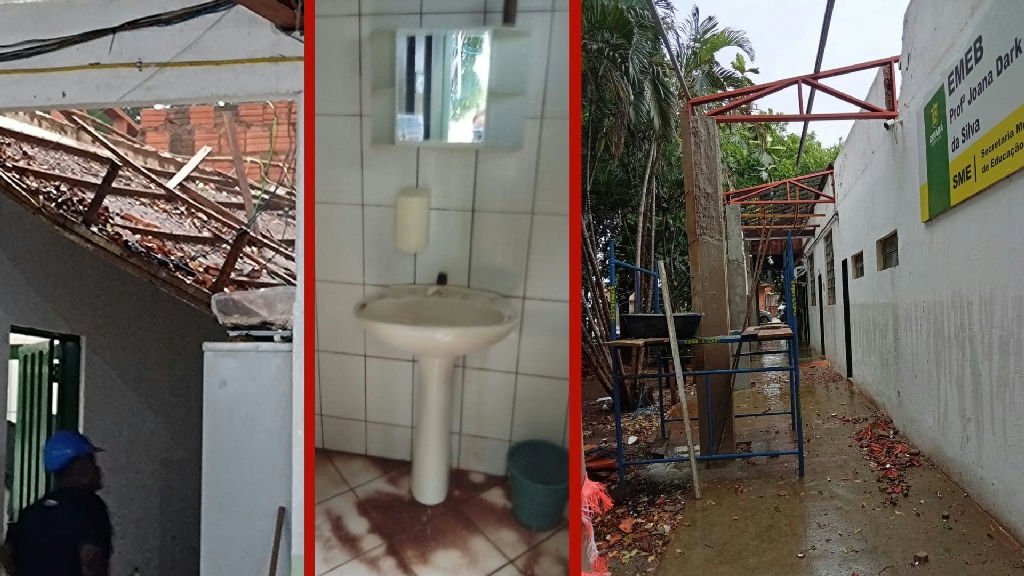 Reforma inacabada deixa escola municipal alagada após chuvas em Cuiabá