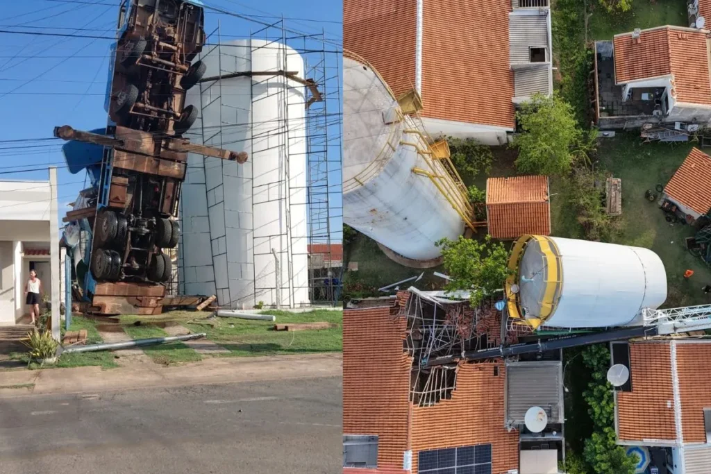 Caminhão guindaste tomba em obra e destrói telhado de residência em Cuiabá sem deixar feridos