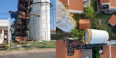 Caminhão guindaste tomba em obra e destrói telhado de residência em Cuiabá sem deixar feridos